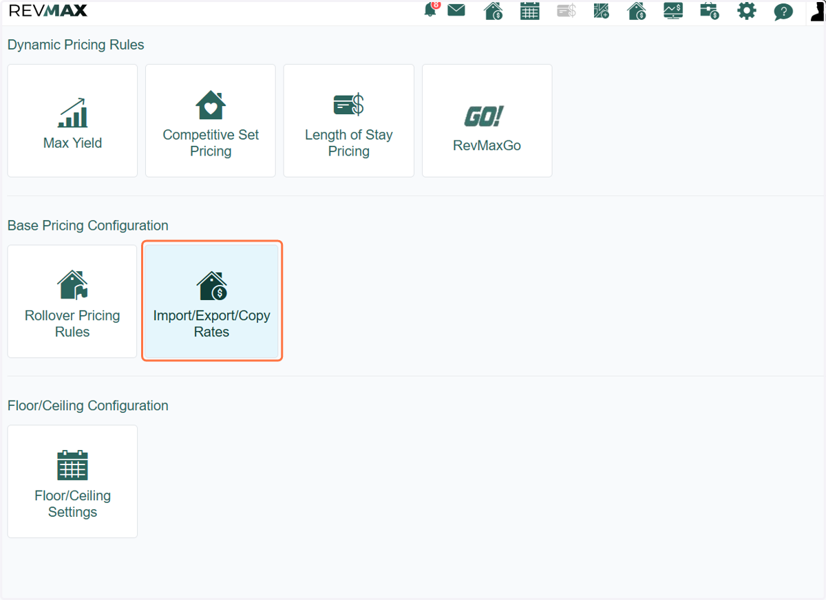 Under Base Pricing Configuration, click on Import/Export/Copy Rates