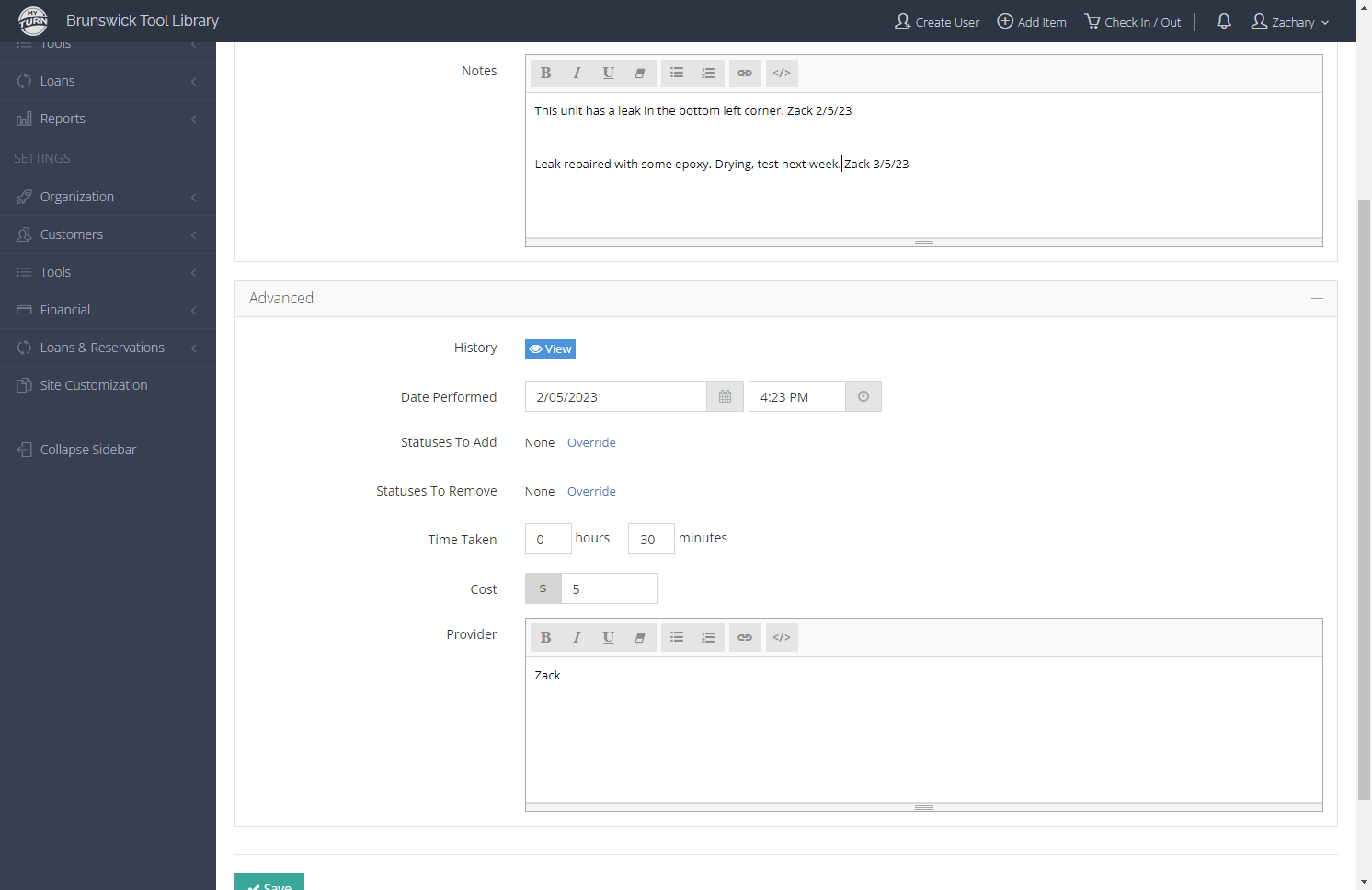 Add a new line to the Notes field and add notes detailing the in-progress repair.