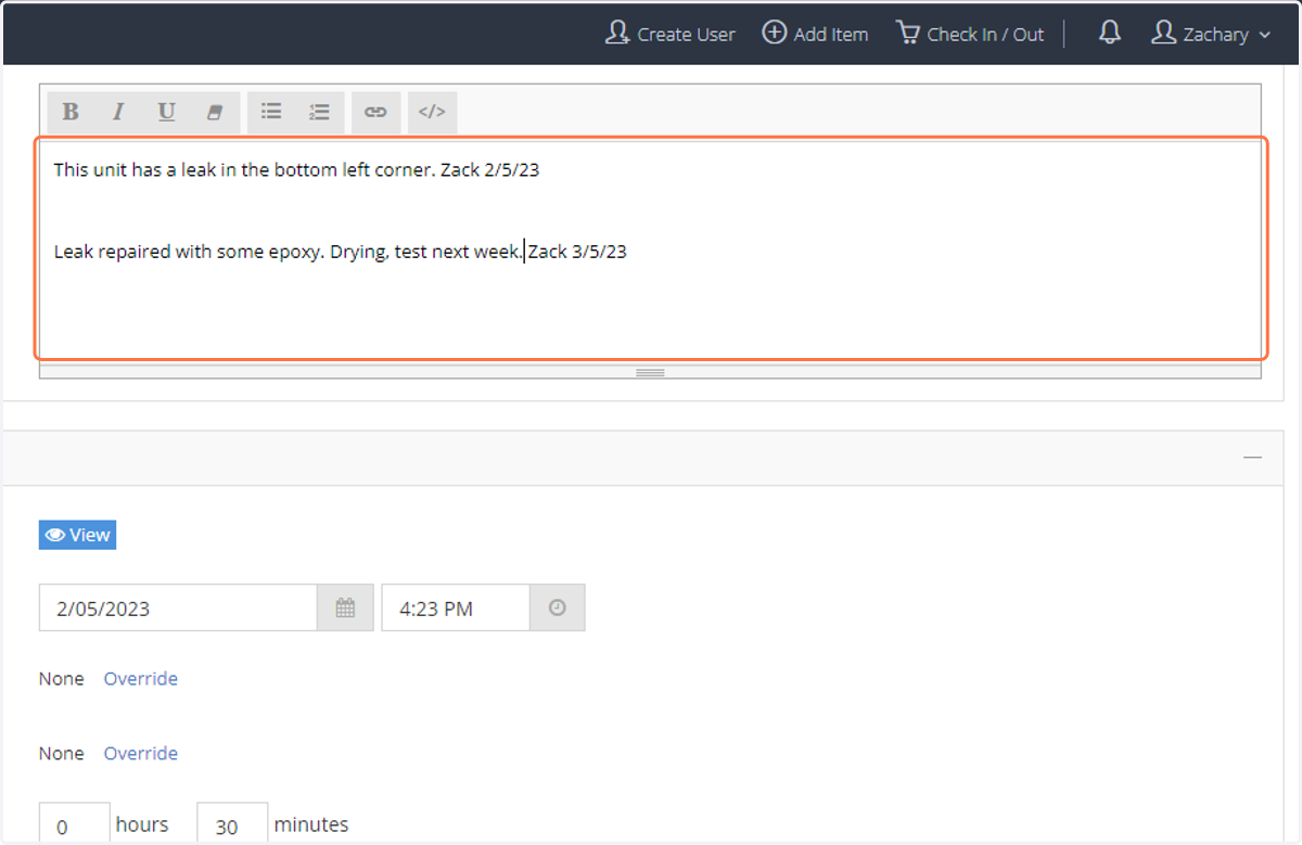 Add a new line to the Notes field and add notes detailing the in-progress repair.