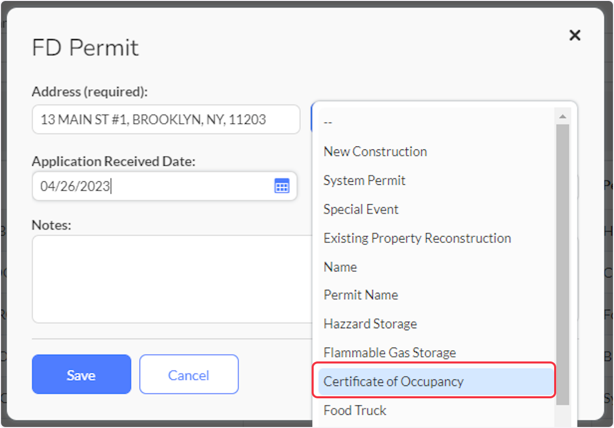 Click on Permit Type from the dropdown menu.