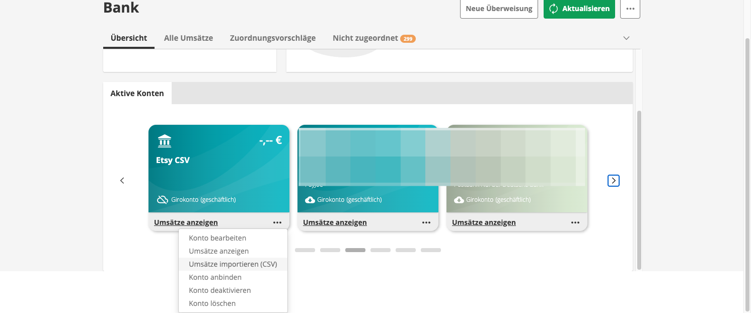 Klicke im drop-down Menü auf “Umsätze importieren (CSV)”