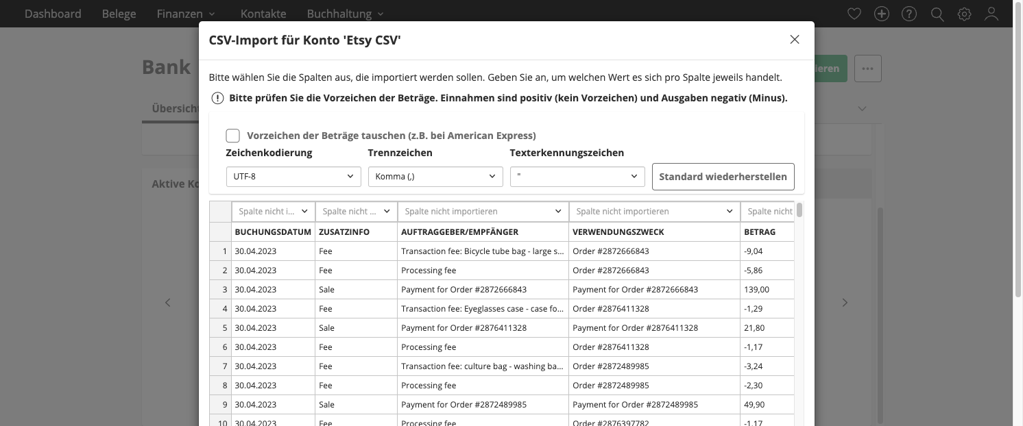 Jetzt siehst du schon mal alle Daten. 
Achte darauf, dass Zeichenkodierung auf UTF-8 gestellt ist und das Trennzeichen ist Komma.
