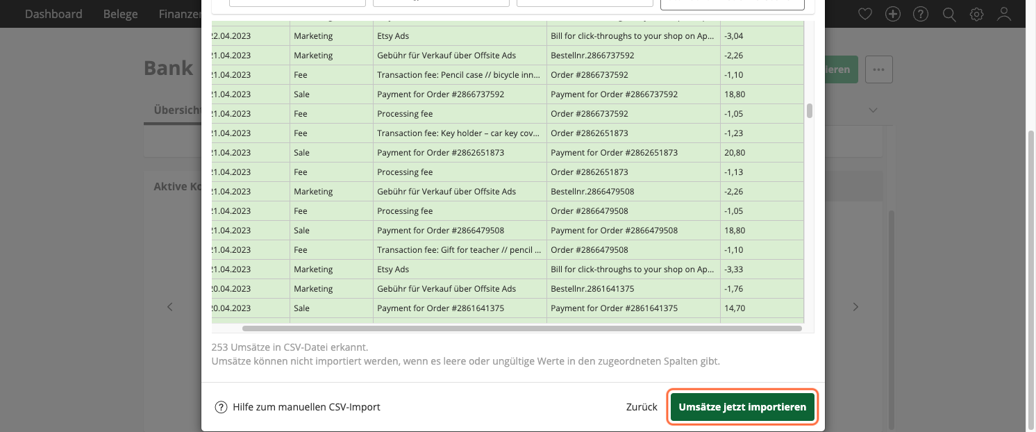 Bis alle Spalten grün und zugeordnet sind. Klicke im Dropdown Menü auf “Umsätze importieren (CSV)”