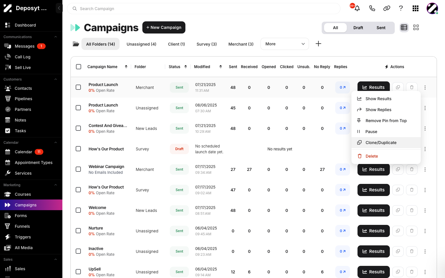 Step 4: The second way is to click the three-dot menu on the campaign, then click Clone/Duplicate.
