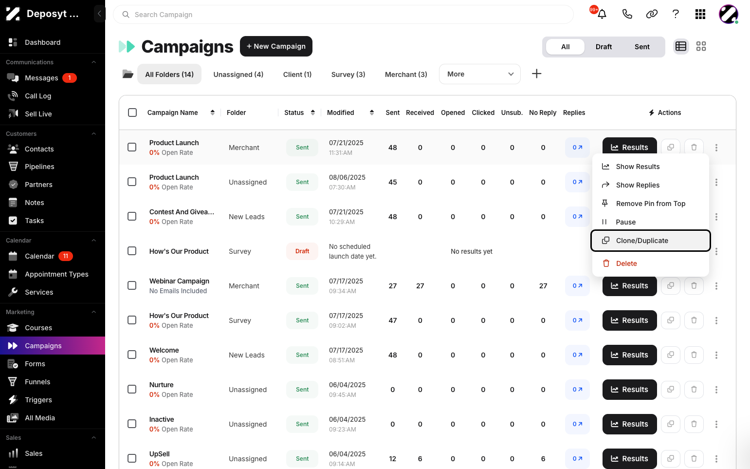 Step 4: The second way is to click the three-dot menu on the campaign, then click Clone/Duplicate.