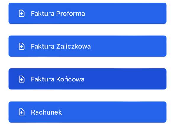 Faktura Zaliczkowa i Faktura Końcowa są widoczne na liście Dashboard. Stuknij Faktura Zaliczkowa.