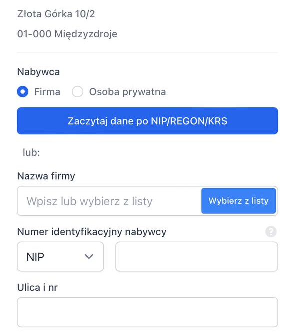 Uzupełnij dane z sekcji Nabywca. Możesz to zrobić na trzy sposoby: 1. Wpisać ręcznie; 2. Zaczytać dane po NIP/REGON/KRS; 3. Wybrać z listy.
