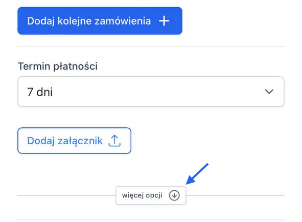 Ustal termin płatności. Możesz także rozwinąć Więcej opcji, aby ustawić status faktury, wybrać sposób płatności, zmienić walutę, szablon, język i więcej.