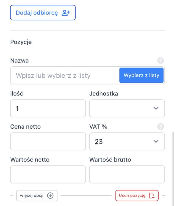 Uzupełnij pola z sekcji Pozycje. Możesz także wybrać produkty z listy.