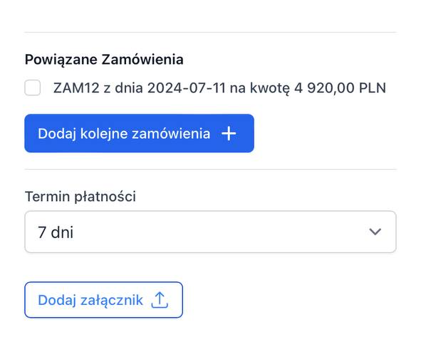 Jeśli z zaliczką masz powiązane Zamówienia, system podpowiada, które zamówienia możesz dodać zaznaczając checkbox. Możesz też zrobić to ręcznie. Powiązane zamówienia będą widoczne na podglądzie wydruku faktury.