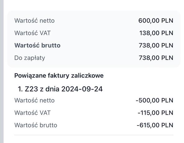 Na podglądzie końcowej widoczna jest wcześniej wystawiona faktura zaliczkowa, jako dokument powiązany.