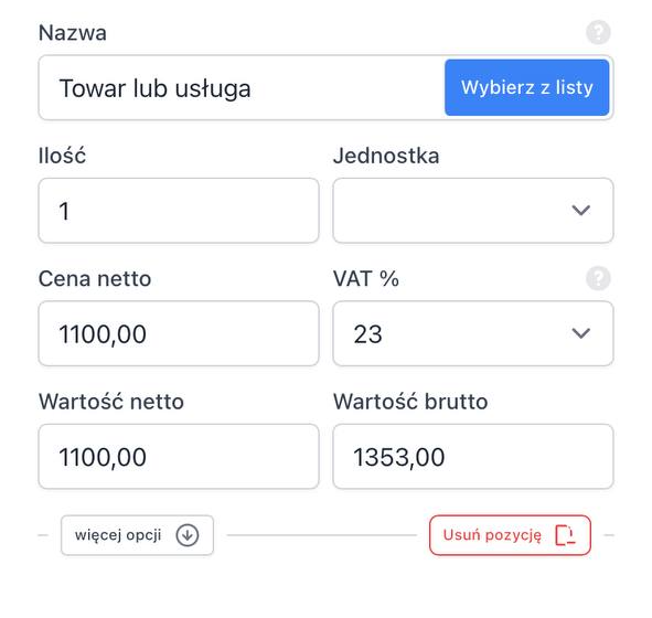 Jeśli zaliczka obejmowała tylko część wartości produktu/usługi, zmień cenę na pełną wartość.