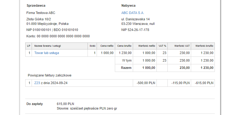 Wcześniej wystawiona zaliczka jest widoczna w sekcji Powiązane faktury zaliczkowe.