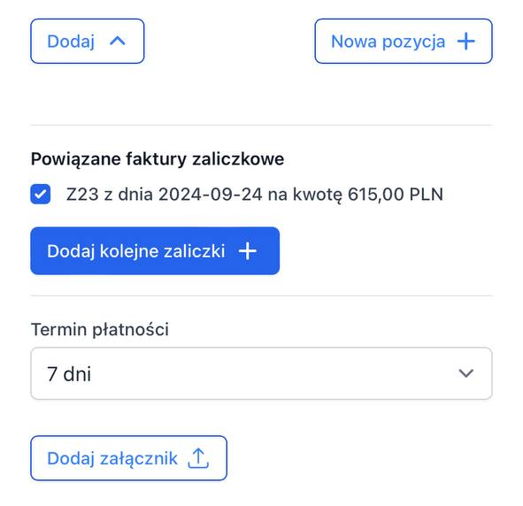Wzorcowa faktura zostanie także automatycznie dodana do Powiązanych faktur zaliczkowych. Będzie także widoczna na podglądzie wydruku dokumentu.