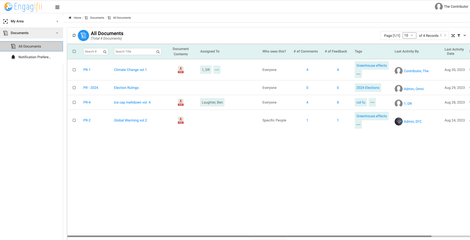 From the Documents List Page, you can view the number of Comments and Feedback on each document
