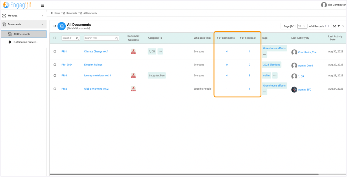 From the Documents List Page, you can view the number of Comments and Feedback on each document