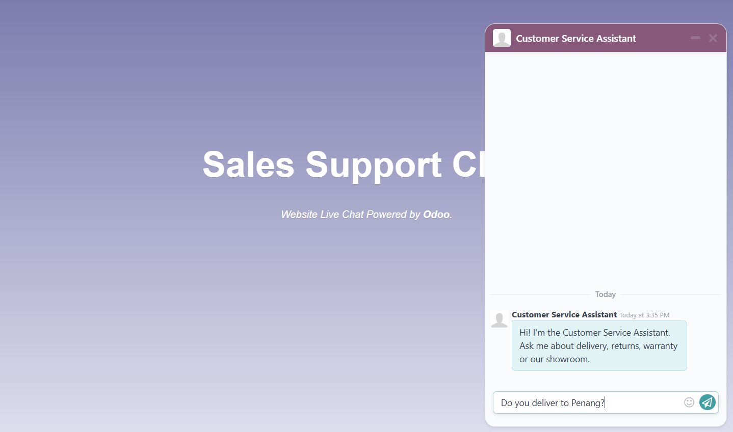 Your agent greets the visitor with its conversation starter. Type a question and press Enter.