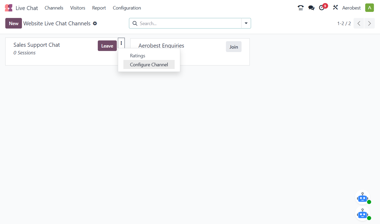 A. In Live Chat, each card is a channel, and your website already has one. Open the menu (⋮) on its card. B. Click Configure Channel.