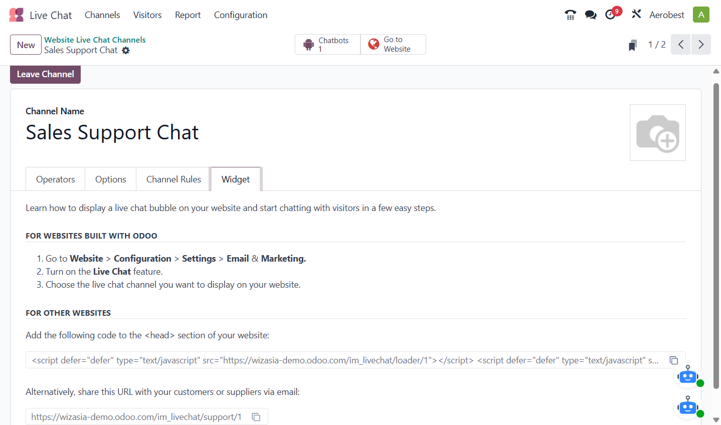 The Widget tab shows how to put this channel on your website, and gives a direct link to try it. Copy the link.