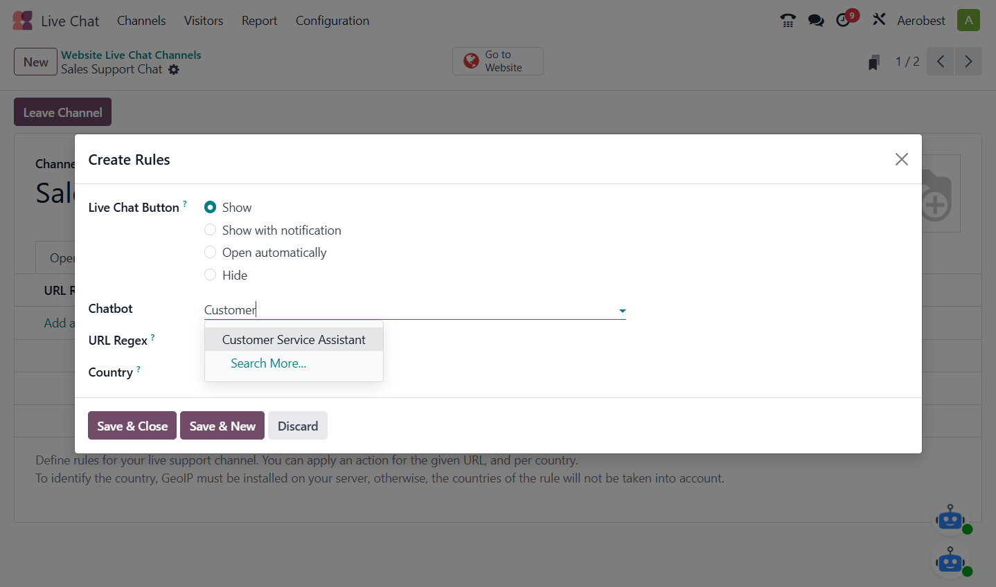 A. Leave Live Chat Button on Show, which puts a chat bubble on the page. Under Chatbot, start typing your agent’s name… B. …and pick it from the list.