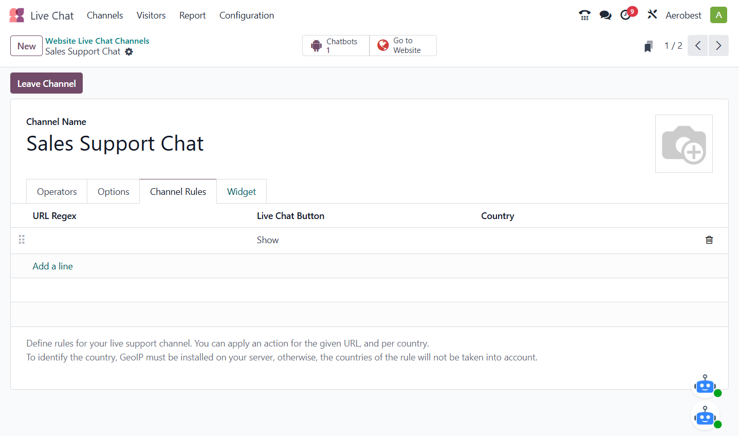 Your rule is now listed under Channel Rules. Open the Widget tab.