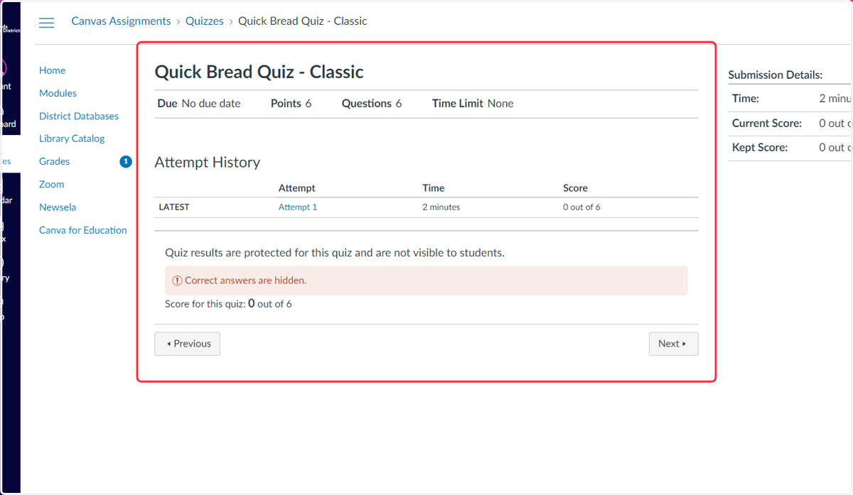 Quiz Details Page