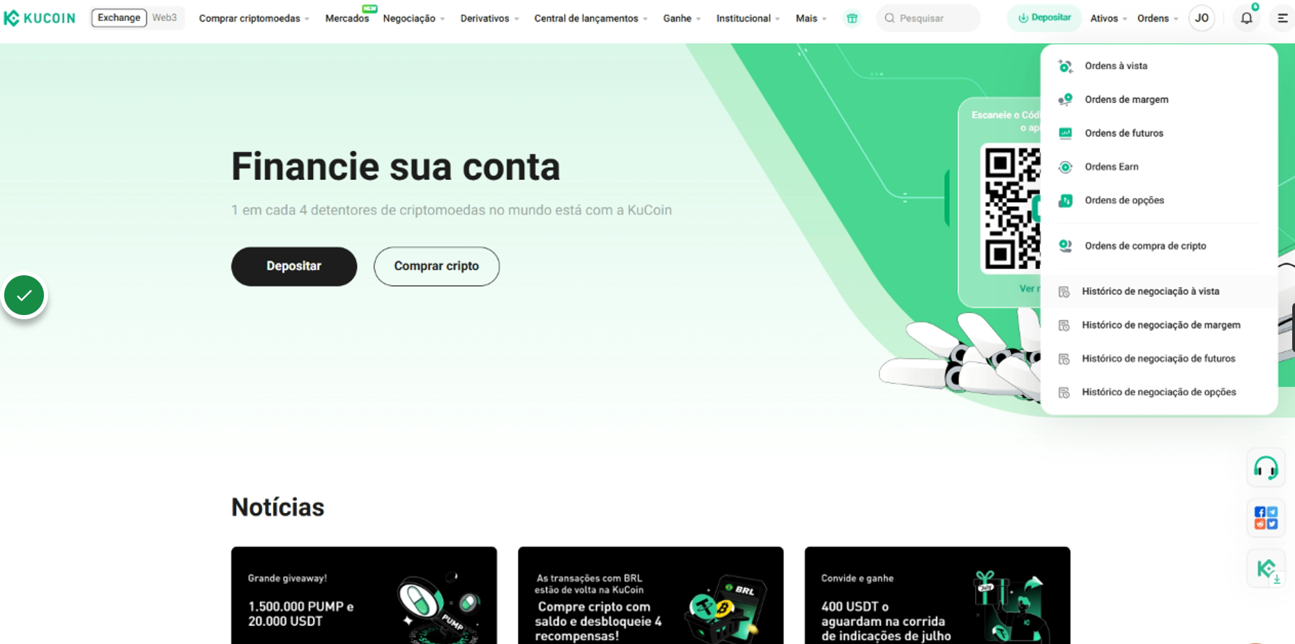 Clique em Histórico de negociação à vista