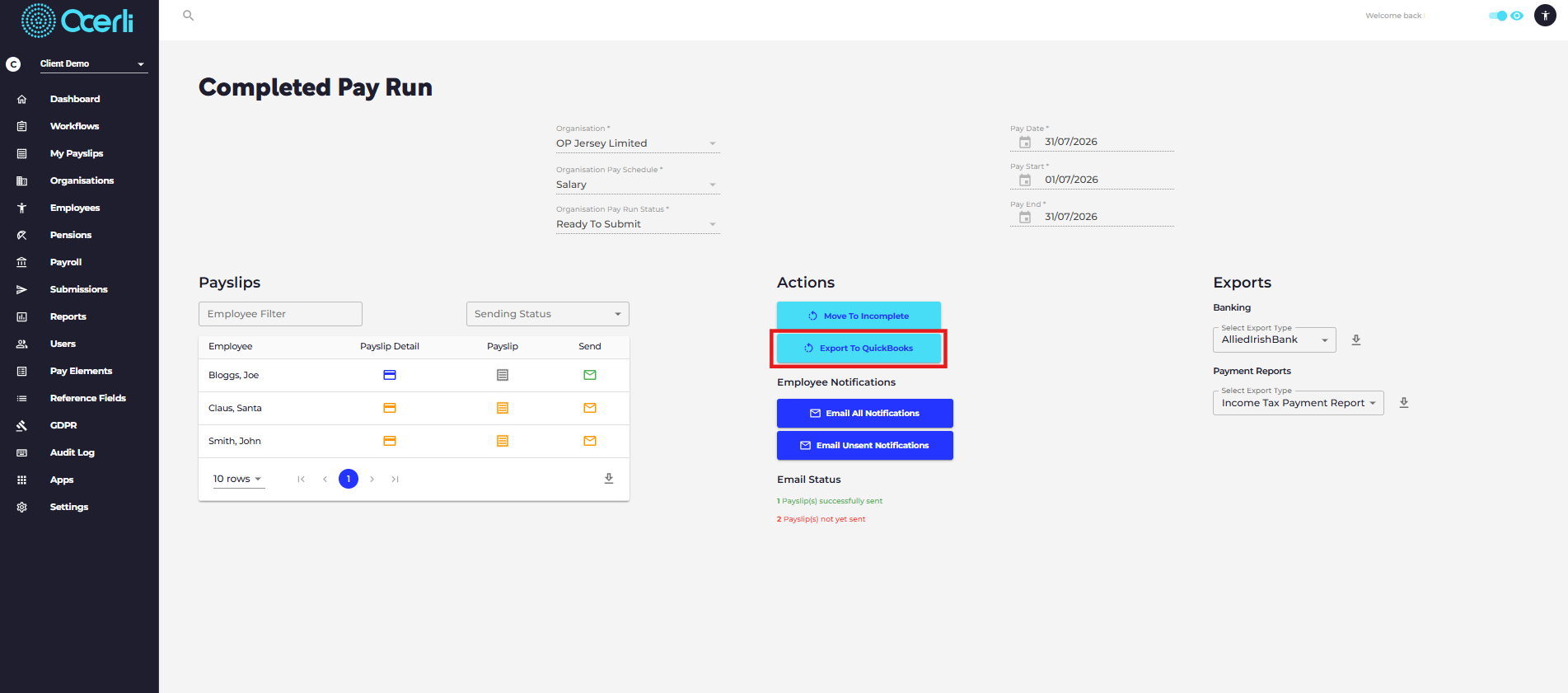 Click on EXPORT TO QUICKBOOKS