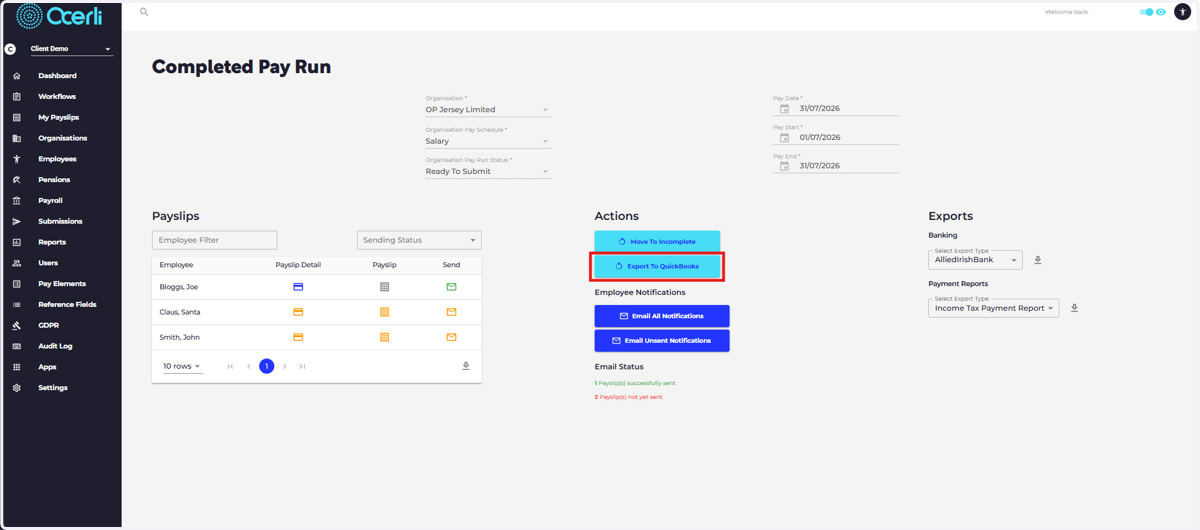 Click on EXPORT TO QUICKBOOKS