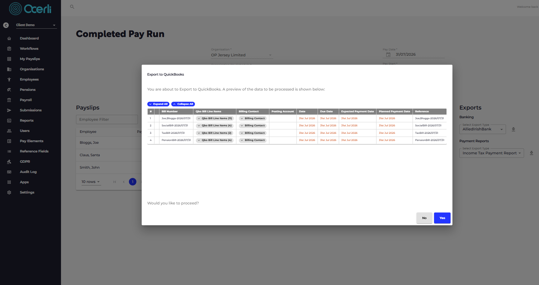 The dialog will show you a preview of the data that is about to be exported to Quickbooks.