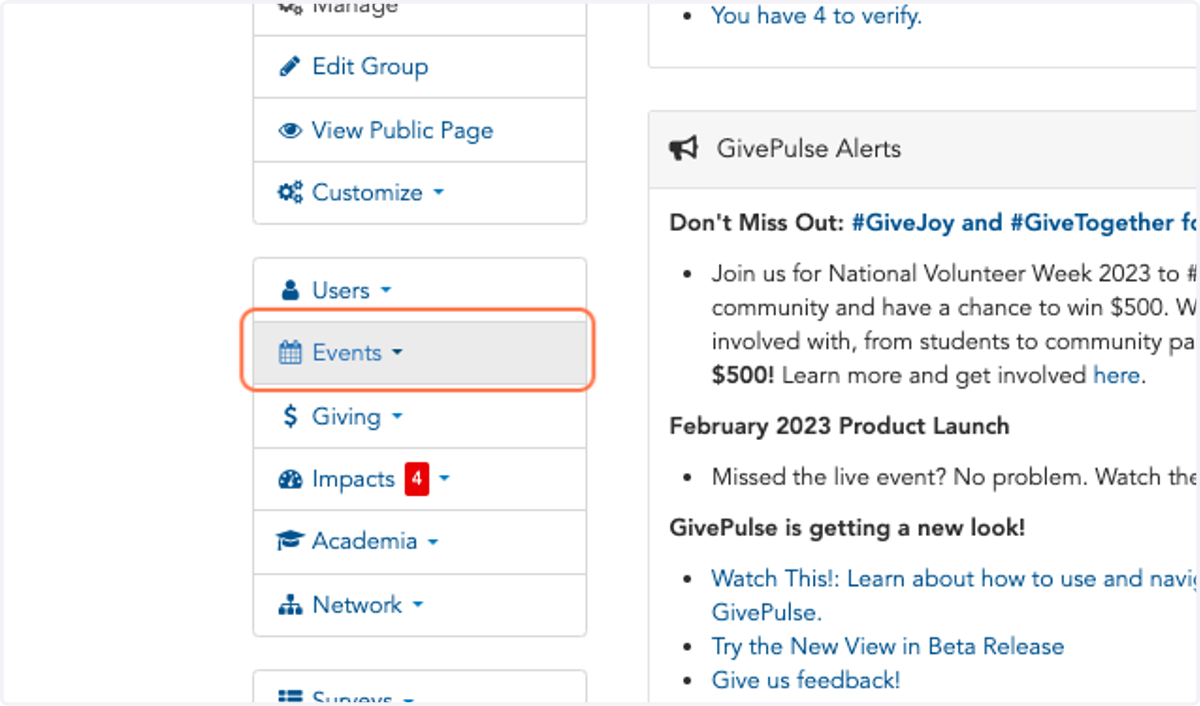 Click on Events