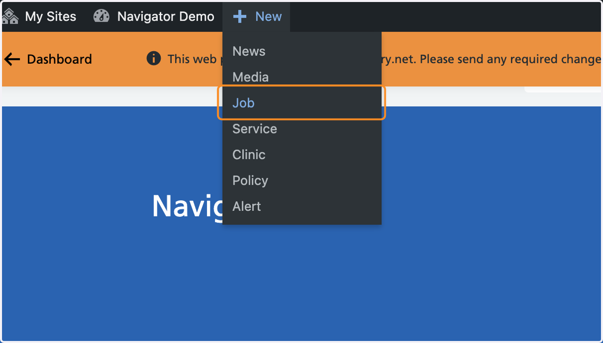 Job selected in the + New menu