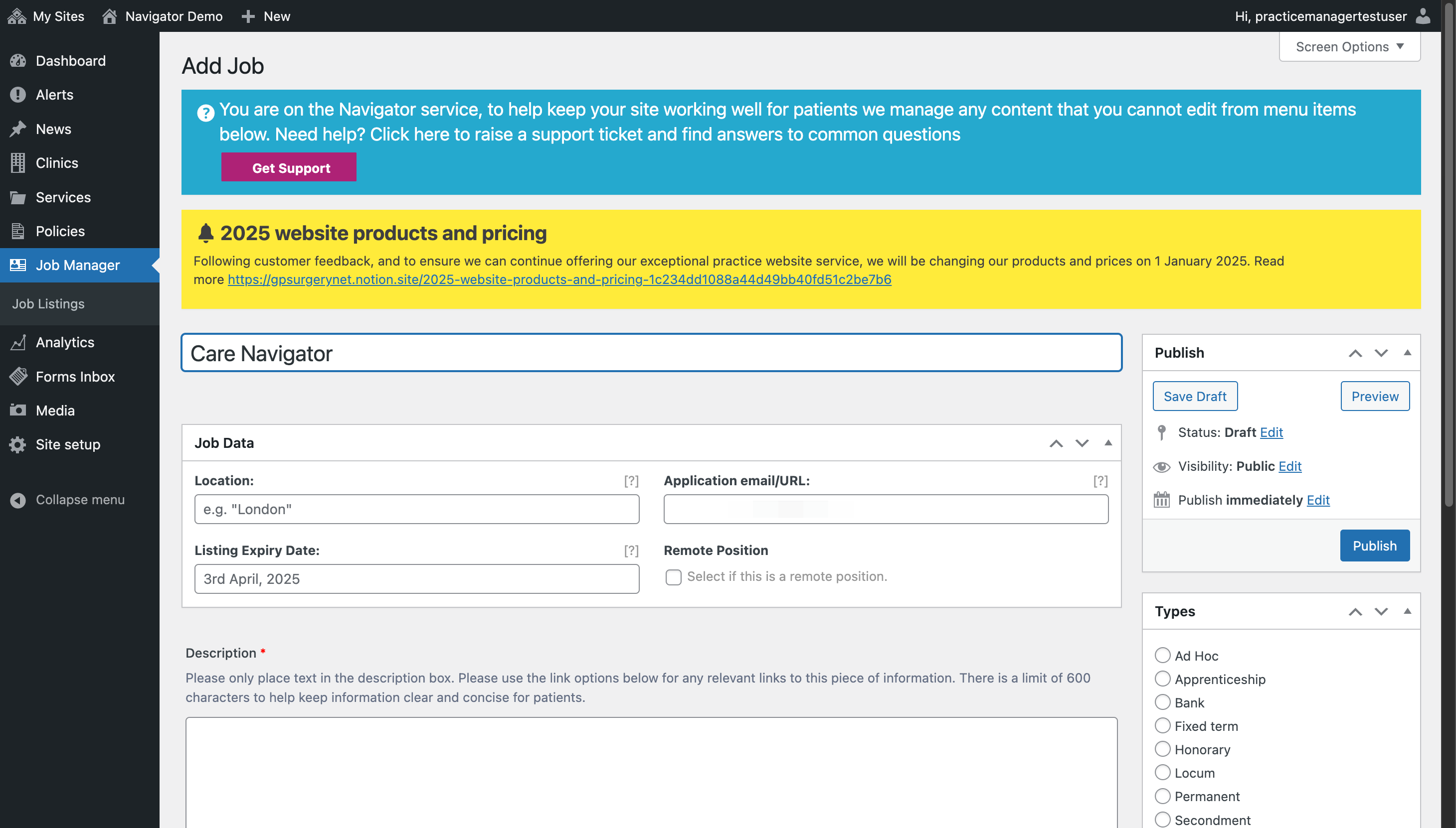 The Job editor with "Care Navigator" typed into the title box.