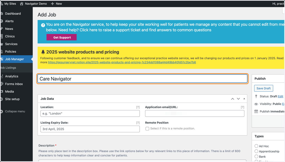 The Job editor with "Care Navigator" typed into the title box.