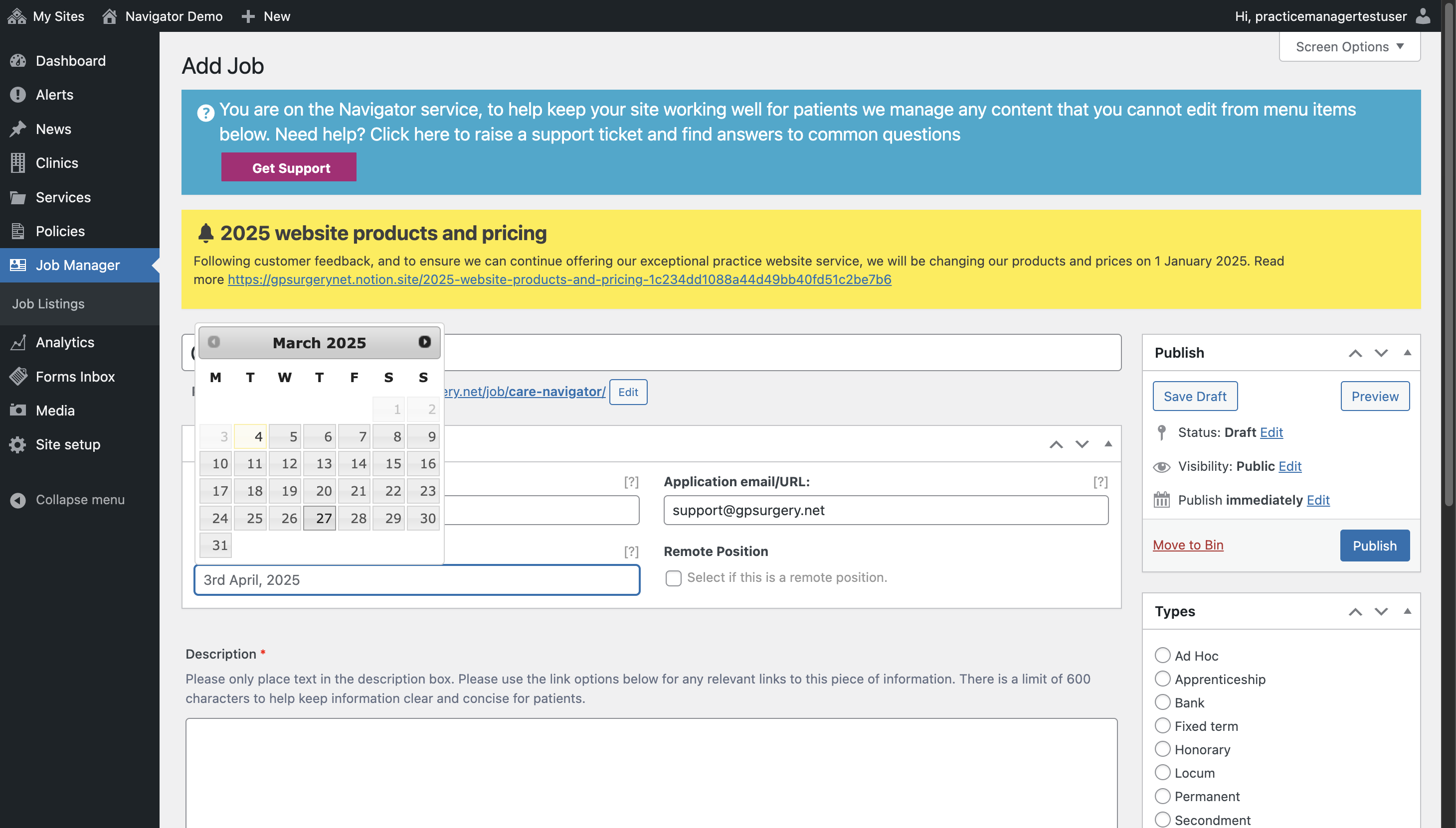 A date selected from the calendar selector
