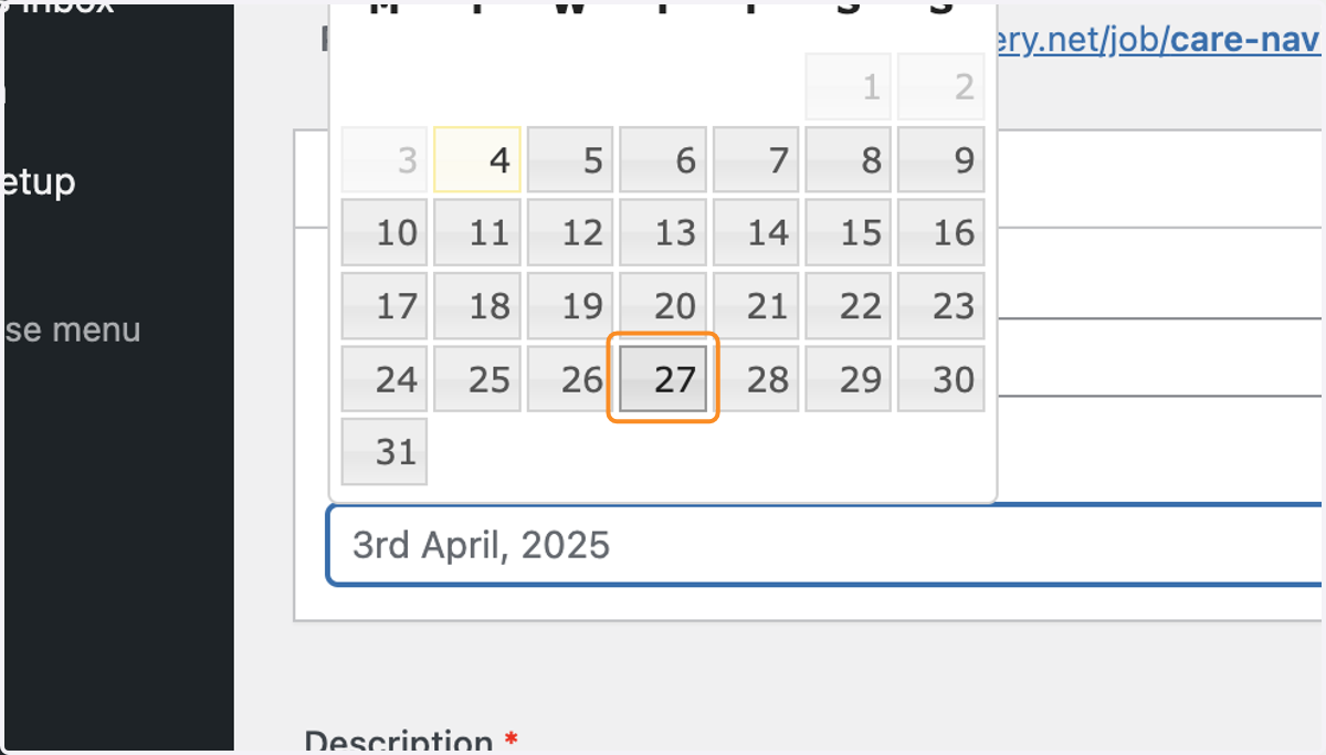 A date selected from the calendar selector