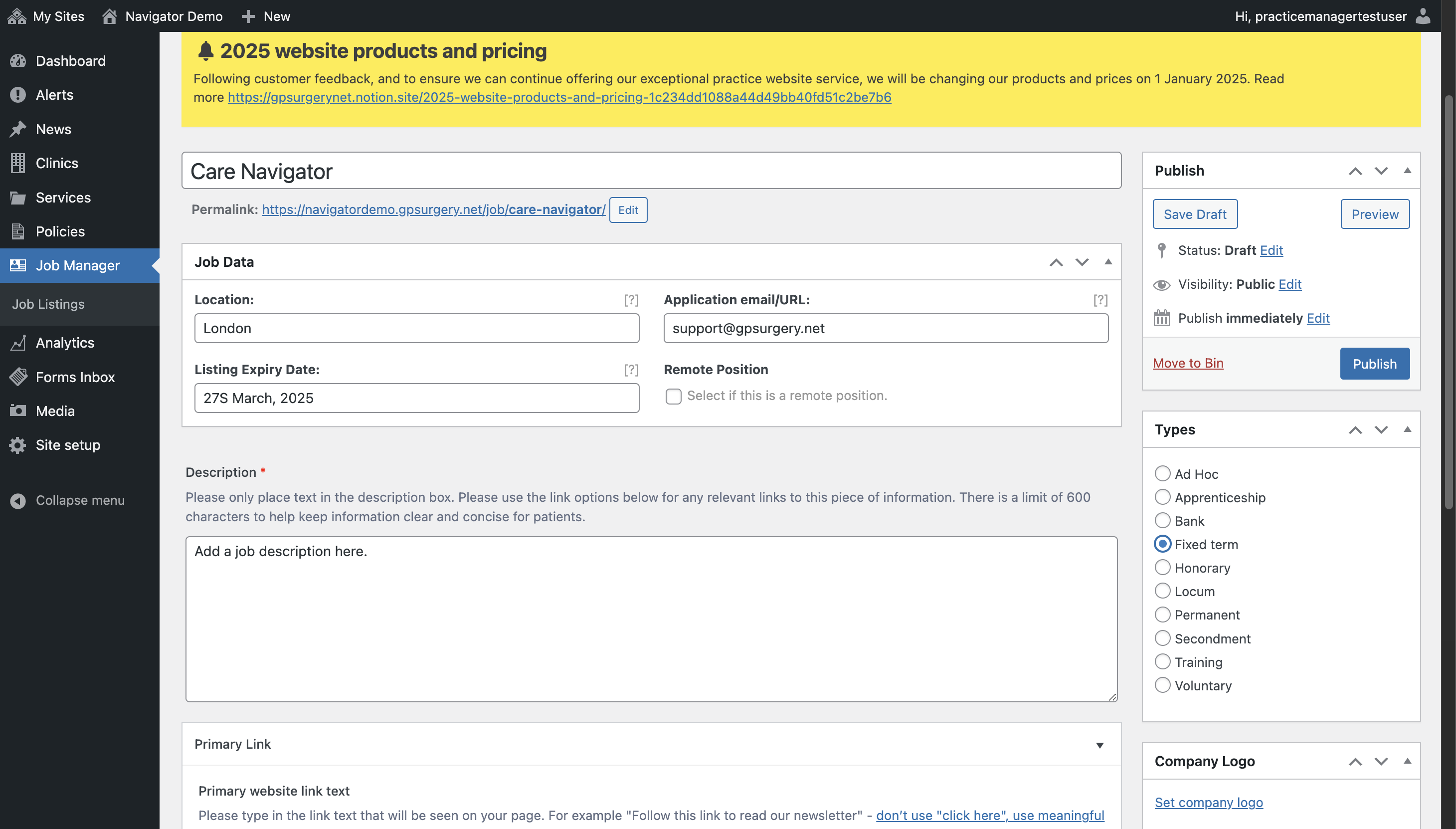 Fixed term selected from the Types box