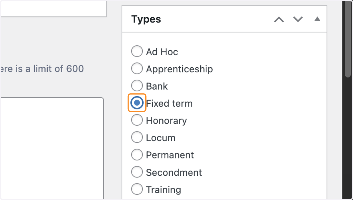 Fixed term selected from the Types box