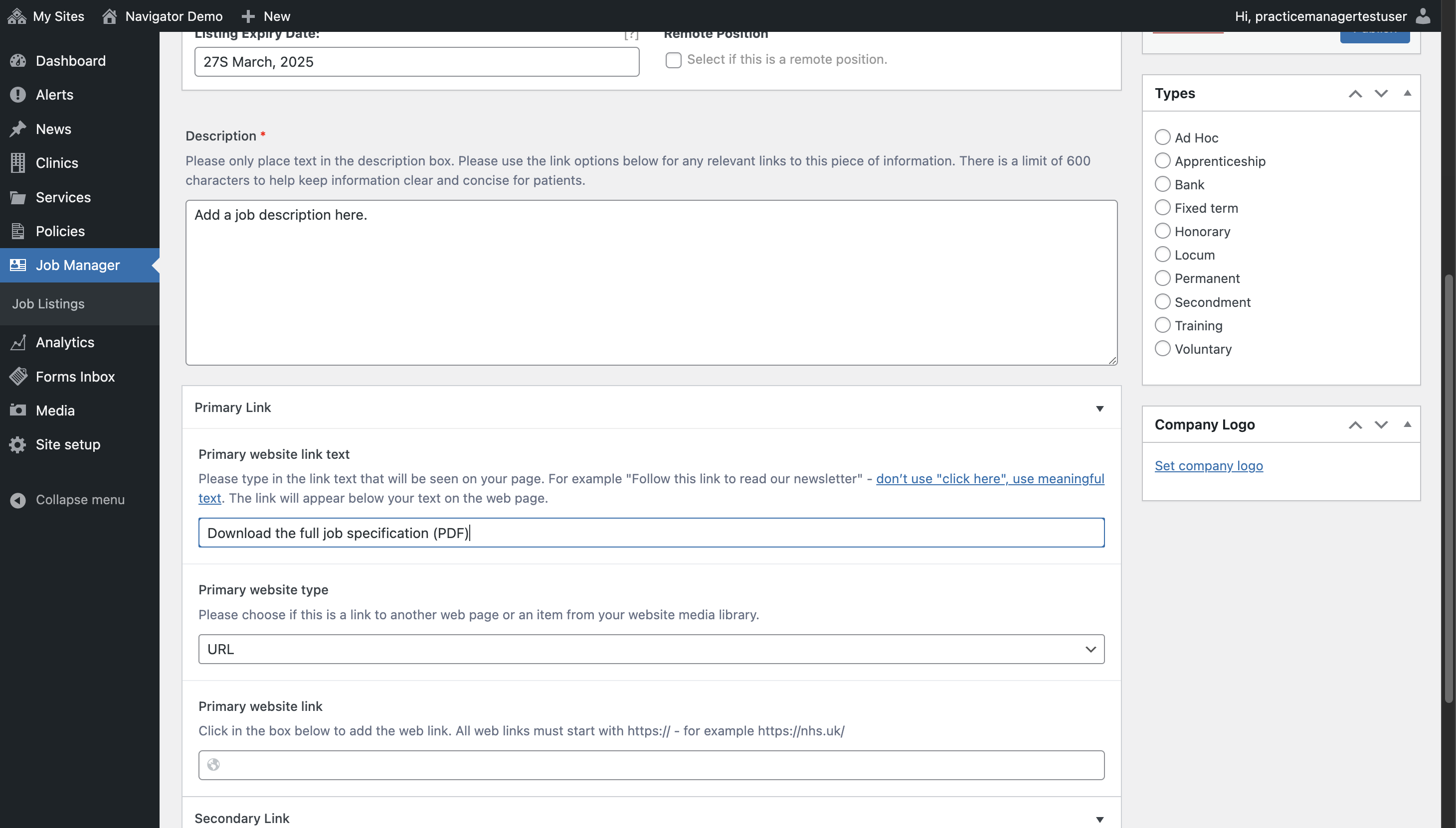 "Download the full job specification (PDF)" typed into the Primary website link text box
