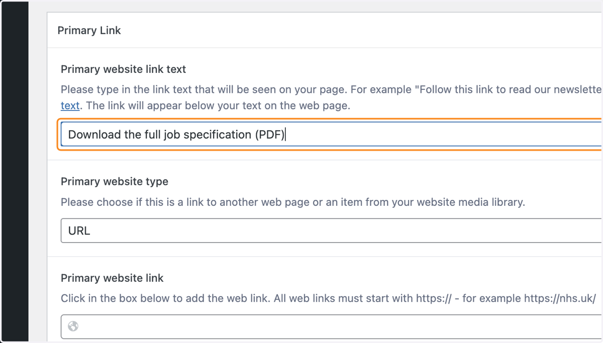 "Download the full job specification (PDF)" typed into the Primary website link text box