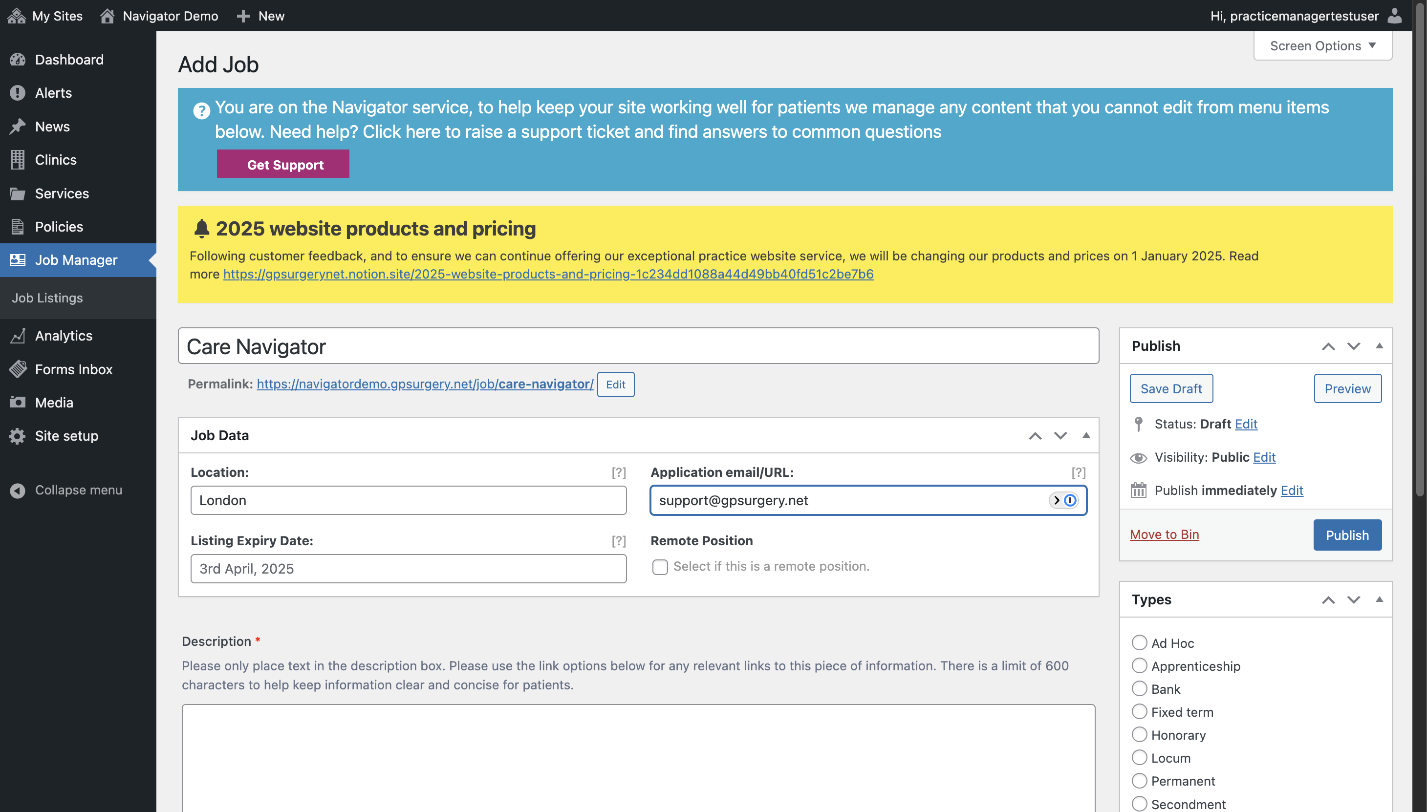 An email address typed into the application email or URL box.