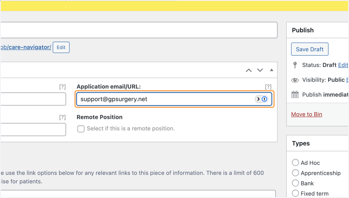 An email address typed into the application email or URL box.