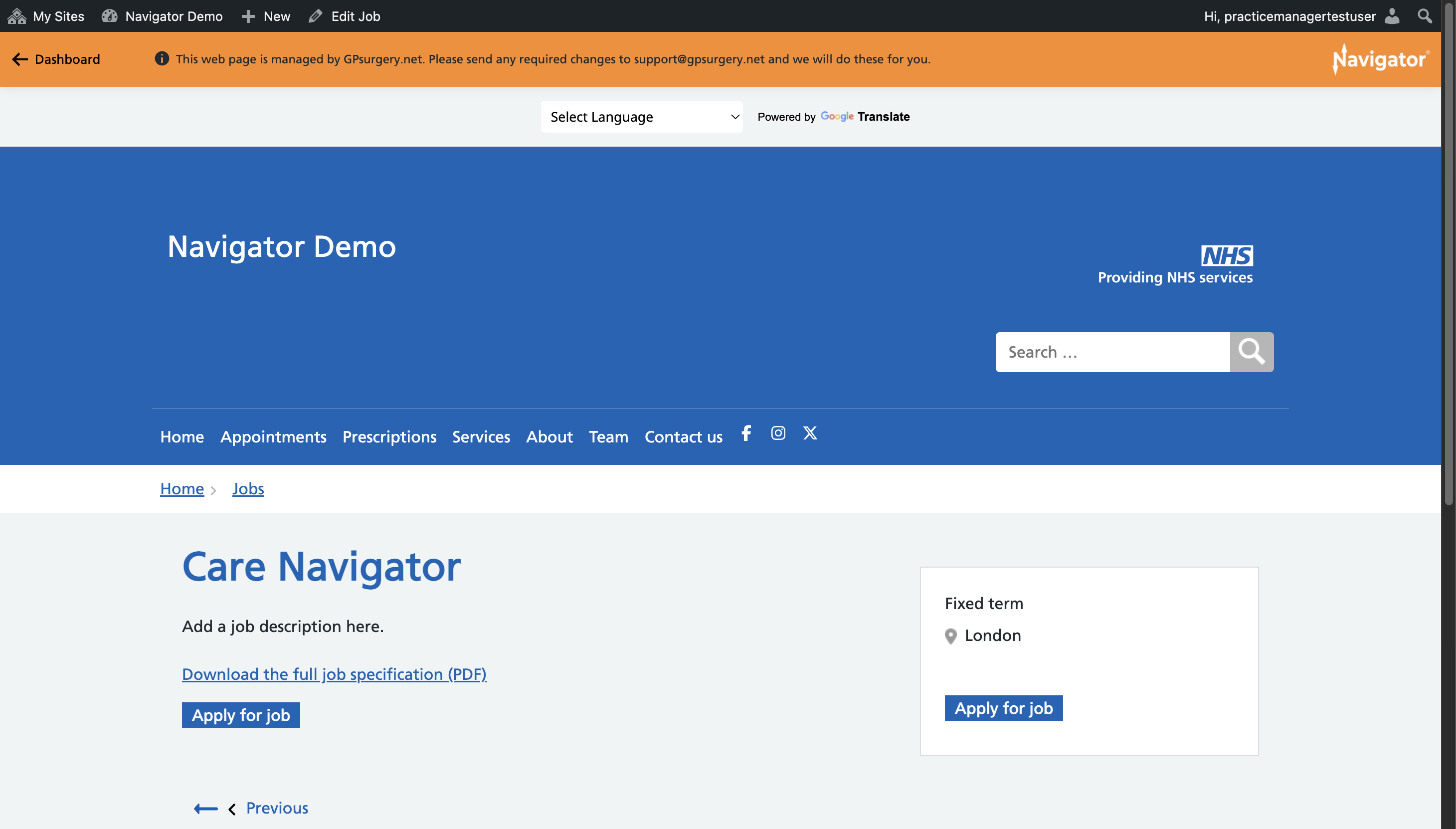 A job live on a Navigator website
