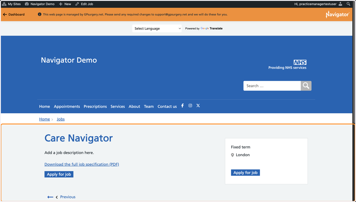 A job live on a Navigator website