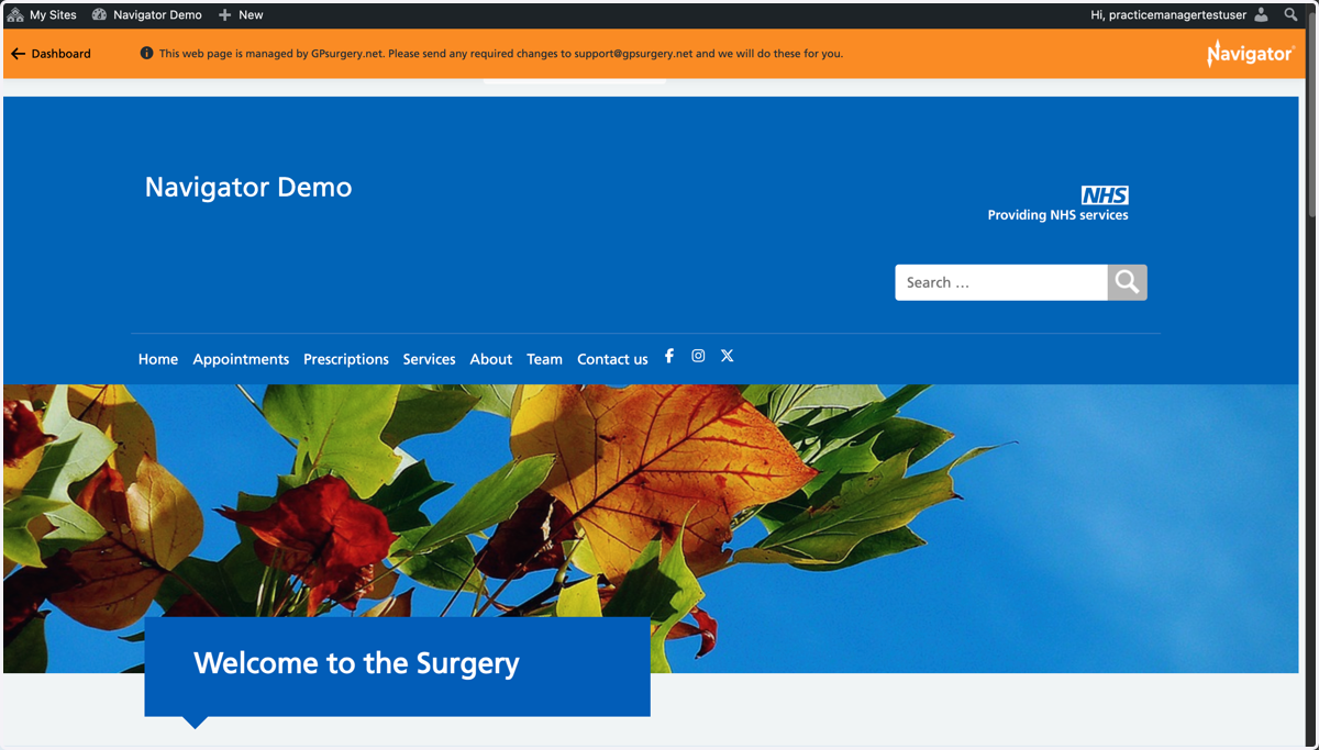 A Navigator website with the admin toolbar and Navigator toolbar visible at the top of the screen.