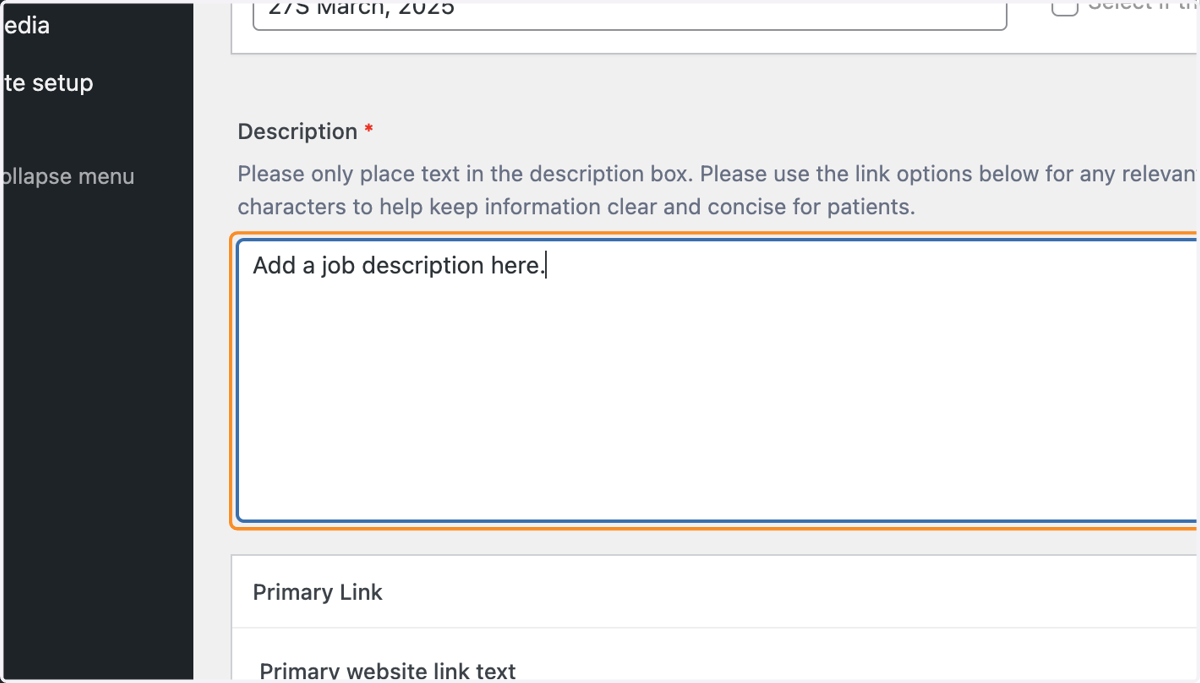 A job description added to the Description box