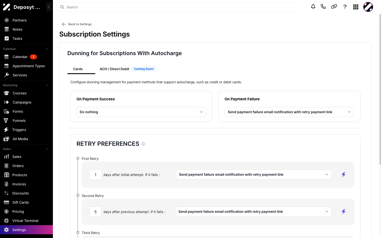 Step 4: From here, you can set up Dunning for subscriptions with Autocharge.