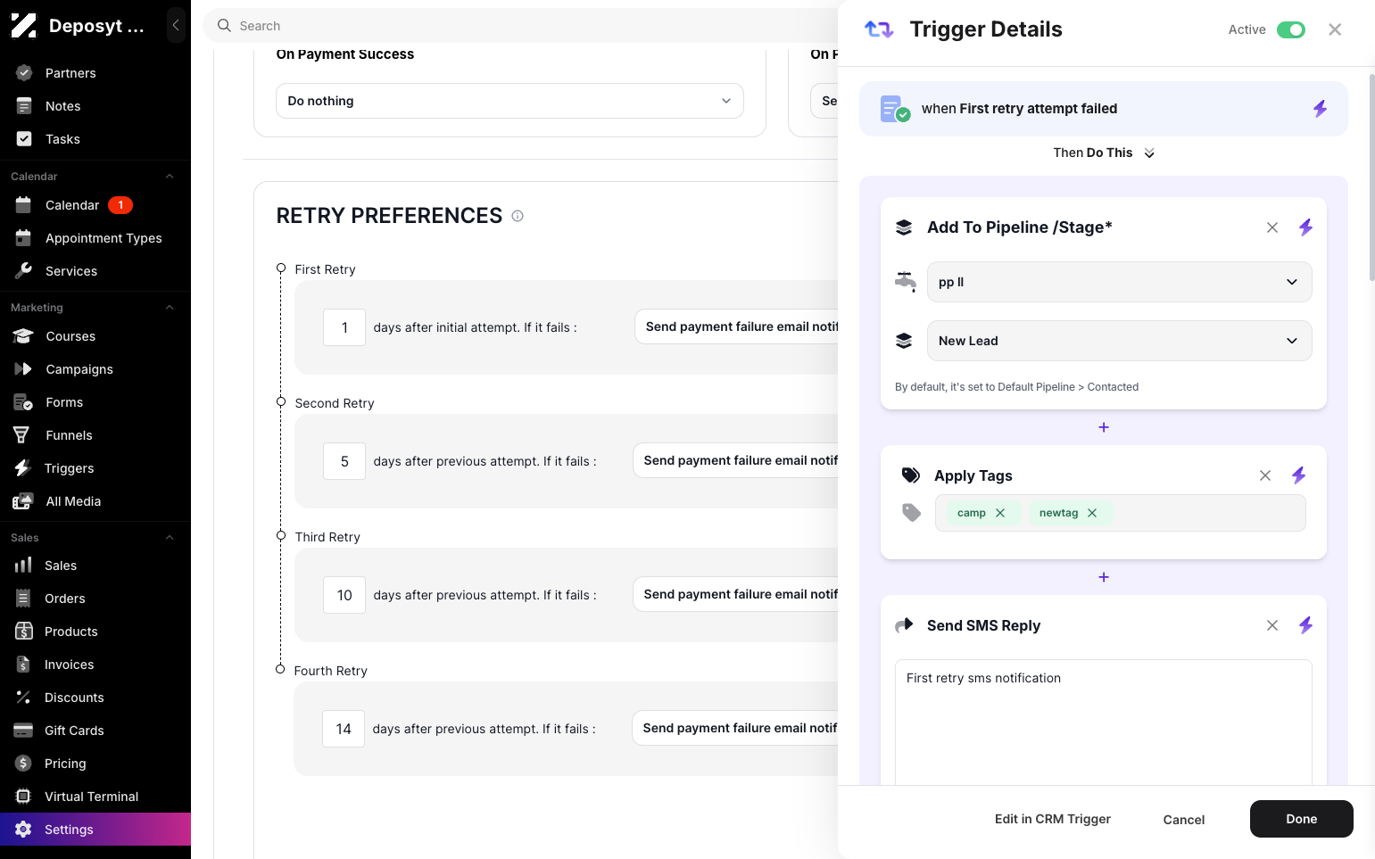 Step 7: Click the purple bolt icon to add a trigger. You can add the customer to a pipeline and include additional actions, such as sending an email or SMS reply, applying or removing tags, assigning a user, sending a webhook, or creating notes or tasks. 