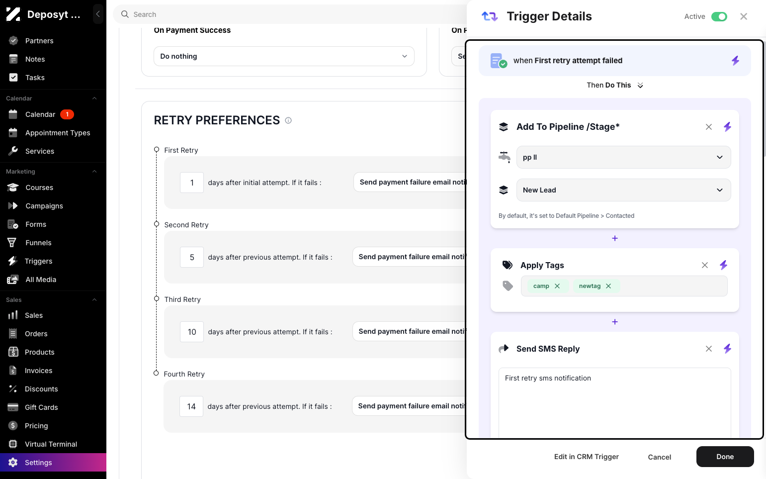Step 7: Click the purple bolt icon to add a trigger. You can add the customer to a pipeline and include additional actions, such as sending an email or SMS reply, applying or removing tags, assigning a user, sending a webhook, or creating notes or tasks.