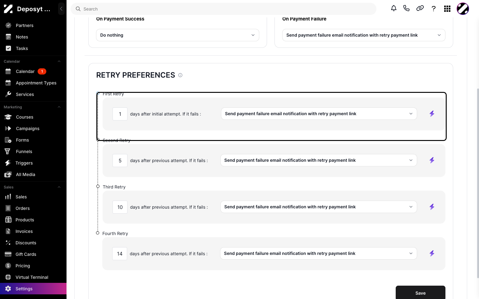 Step 6: You can also set up retry preferences, such as the number of days between retries, and add a trigger for each retry.